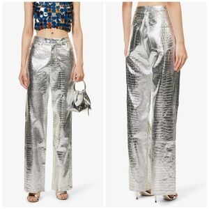 ROTATE BIRGER CHRISTENSEN Silver Croc Embossed Faux Leather Wide-Leg Pants 10